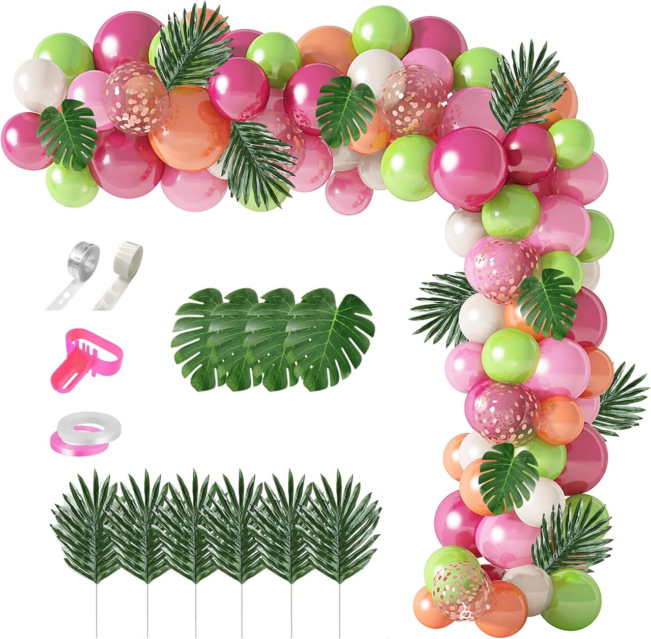 117 Pcs Tropical Balloons Arch Garland Kit, Hot Pink Green Rose Gold Confetti Balloons Palm Leaves & 5Tools for Tropical Hawaii Aloha Luau Flamingo Theme Birthday Party Baby Shower Wedding Decorations
